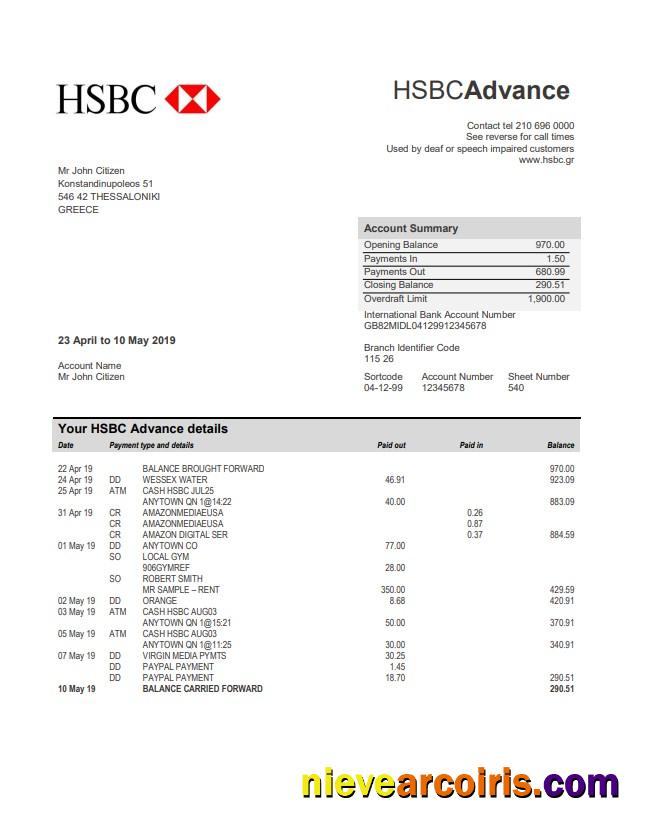 Greece HSBC bank statement
